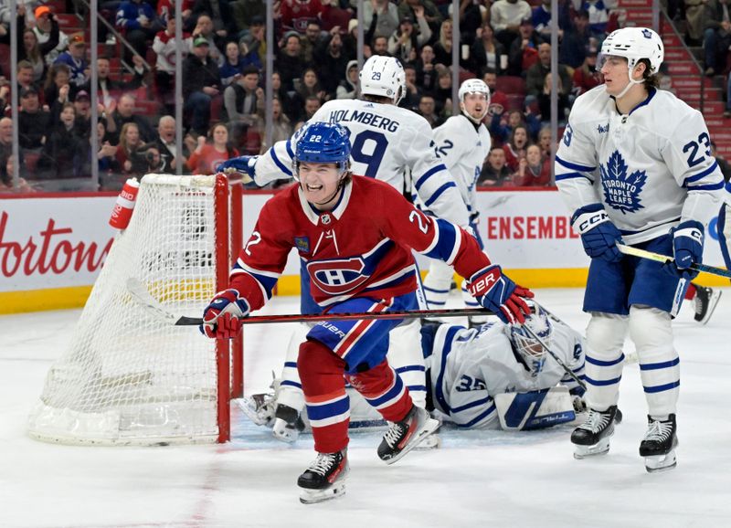 Apr 6, 2024; Montreal, Quebec, CAN; Montreal Canadiens forward Cole Caufield (22) celebrates after scoring a goal against Toronto Maple Leafs goalie Ilya Samsonov (35) during the third period at the Bell Centre. Mandatory Credit: Eric Bolte-USA TODAY Sports