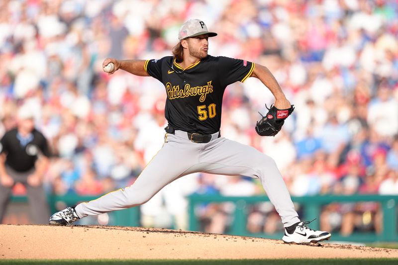 May 17, 2025; Philadelphia, Pennsylvania, USA; Pittsburgh Pirates starting pitcher Carmen Mlodzinski (50) throws a pitch against the Philadelphia Phillies in the first inning at Citizens Bank Park. Mandatory Credit: Kyle Ross-Imagn Images