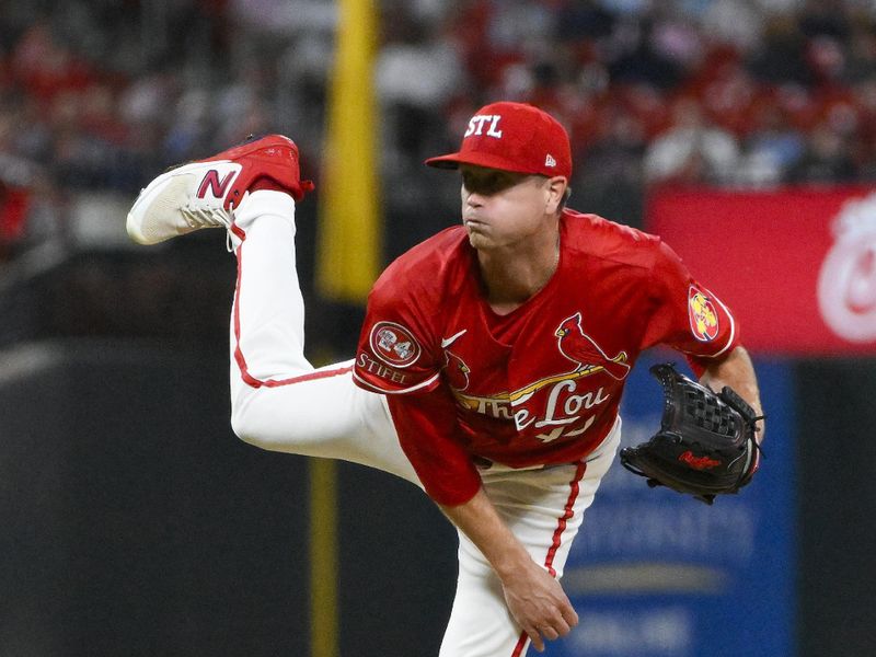 Sep 20, 2024; St. Louis, Missouri, USA; St. Louis Cardinals starting pitcher Kyle Gibson (44) pitches against the Cleveland Guardians during the first inning at Busch Stadium. Mandatory Credit: Jeff Curry-Imagn Images