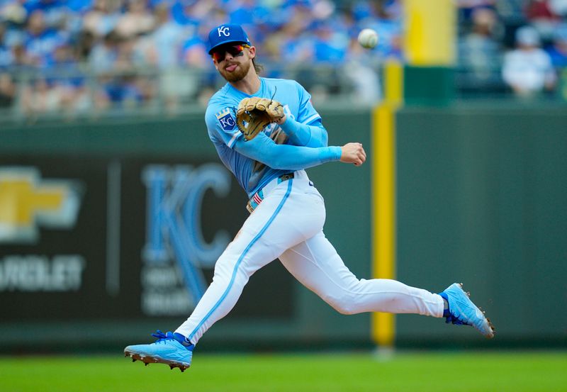 May 8, 2025; Kansas City, Missouri, USA; Kansas City Royals shortstop Bobby Witt Jr. (7) throws to first base during the fifth inning against the Chicago White Sox at Kauffman Stadium. Mandatory Credit: Jay Biggerstaff-Imagn Images