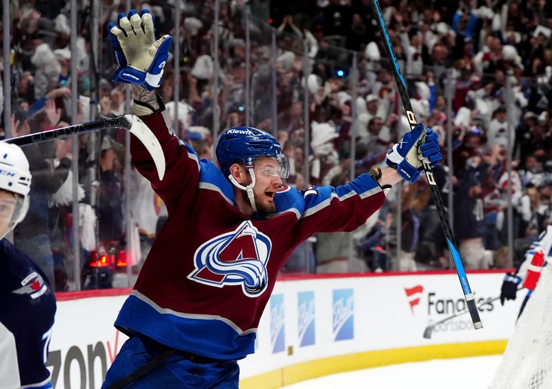 Apr 28, 2024; Denver, Colorado, USA; Colorado Avalanche center Casey Mittelstadt (37) reacts to a goal scored during the second period against the Winnipeg Jets in game four of the first round of the 2024 Stanley Cup Playoffs at Ball Arena. Mandatory Credit: Ron Chenoy-USA TODAY Sports