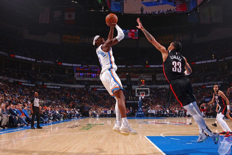 OKLAHOMA CITY, OK - NOVEMBER 20: Shai Gilgeous-Alexander #2 of the Oklahoma City Thunder shoots the ball during the game against the Portland Trail Blazers on November 20, 2024 at Paycom Center in Oklahoma City, Oklahoma. NOTE TO USER: User expressly acknowledges and agrees that, by downloading and or using this photograph, User is consenting to the terms and conditions of the Getty Images License Agreement. Mandatory Copyright Notice: Copyright 2024 NBAE (Photo by Zach Beeker/NBAE via Getty Images)