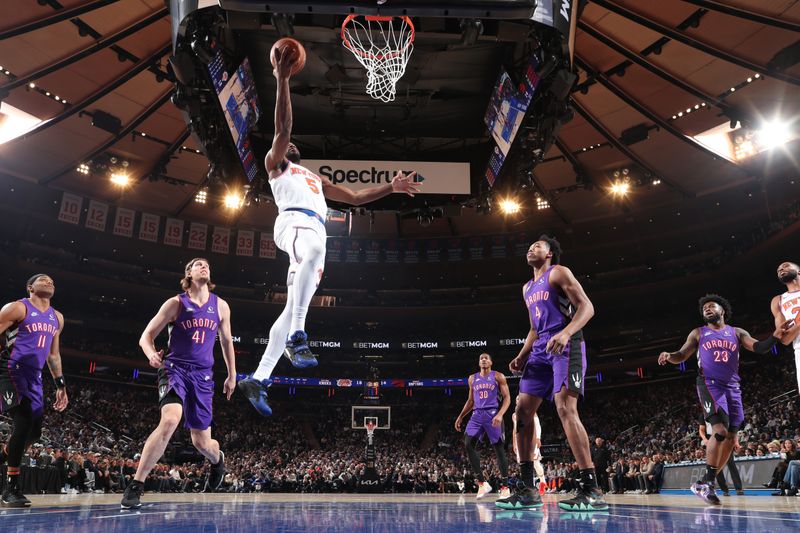 NEW YORK, NY - JANUARY 8:  Precious Achiuwa #5 of the New York Knicks drives to the basket during the game against the Toronto Raptors on January 8, 2025 at Madison Square Garden in New York City, New York.  NOTE TO USER: User expressly acknowledges and agrees that, by downloading and or using this photograph, User is consenting to the terms and conditions of the Getty Images License Agreement. Mandatory Copyright Notice: Copyright 2024 NBAE  (Photo by Nathaniel S. Butler/NBAE via Getty Images)