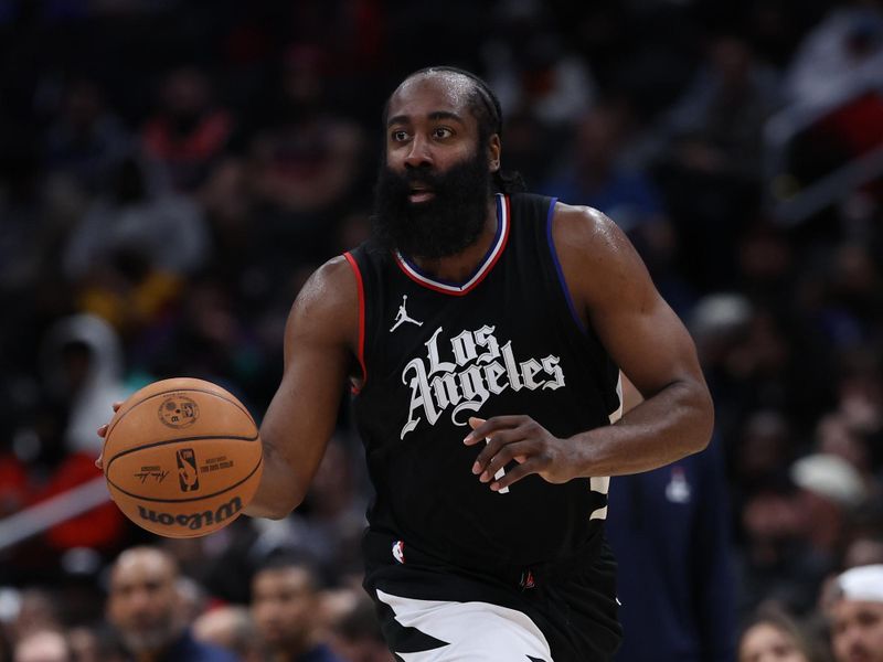 WASHINGTON, DC - JANUARY 31: James Harden #1 of the LA Clippers dribbles against the Washington Wizards at Capital One Arena on January 31, 2024 in Washington, DC. NOTE TO USER: User expressly acknowledges and agrees that, by downloading and or using this photograph, User is consenting to the terms and conditions of the Getty Images License Agreement. (Photo by Patrick Smith/Getty Images)