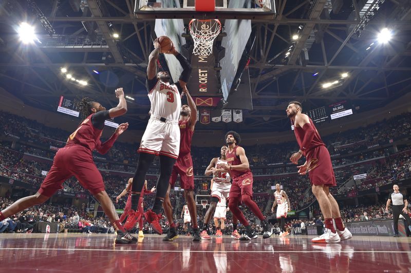 CLEVELAND, OH - FEBRUARY 14: Andre Drummond #3 of the Chicago Bulls shoots the ball during the game against the Cleveland Cavaliers on February 14, 2024 at Rocket Mortgage FieldHouse in Cleveland, Ohio. NOTE TO USER: User expressly acknowledges and agrees that, by downloading and/or using this Photograph, user is consenting to the terms and conditions of the Getty Images License Agreement. Mandatory Copyright Notice: Copyright 2024 NBAE (Photo by David Liam Kyle/NBAE via Getty Images)