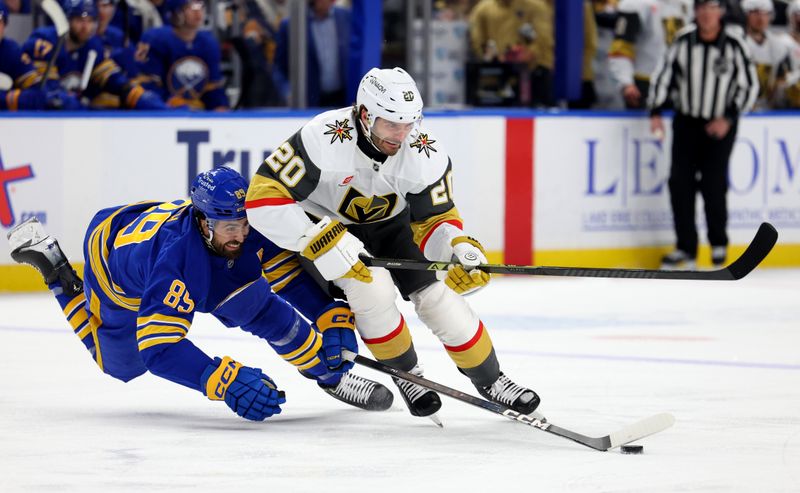 Mar 3, 2026; Buffalo, New York, USA;  Buffalo Sabres right wing Alex Tuch (89) dives to try and knock the puck away from Vegas Golden Knights left wing Brandon Saad (20) during the first period at KeyBank Center. Mandatory Credit: Timothy T. Ludwig-Imagn Images