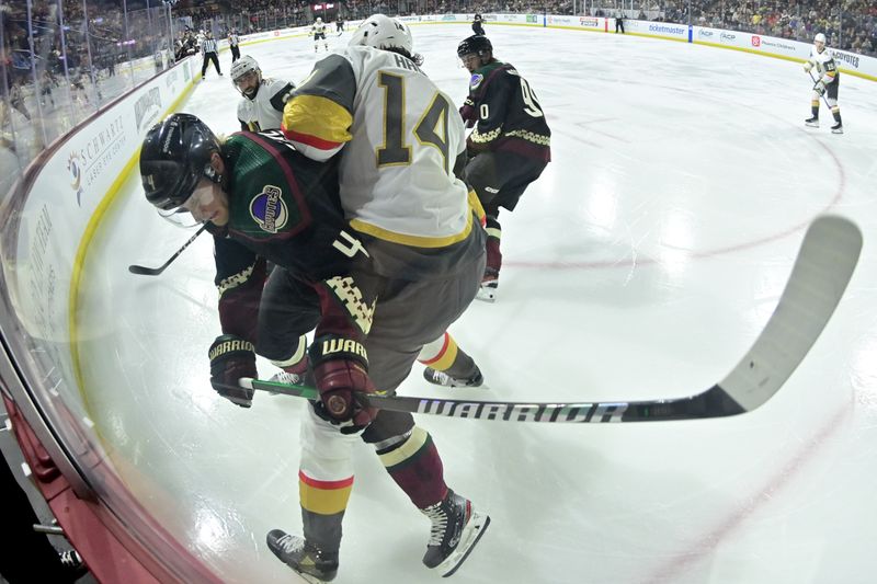 Feb 8, 2024; Tempe, Arizona, USA;  Vegas Golden Knights defenseman Nicolas Hague (14) checks Arizona Coyotes defenseman Juuso Valimaki (4) in the second period at Mullett Arena. Mandatory Credit: Matt Kartozian-USA TODAY Sports