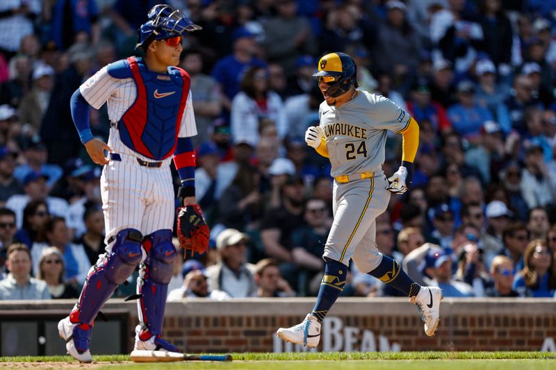 May 3, 2024; Chicago, Illinois, USA; Milwaukee Brewers catcher William Contreras (24) scores against the Chicago Cubs during the eight inning at Wrigley Field. Mandatory Credit: Kamil Krzaczynski-USA TODAY Sports