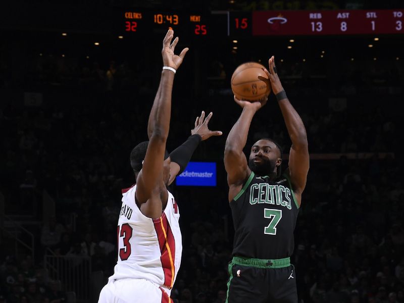 BOSTON, MA - DECEMBER 2: Jaylen Brown #7 of the Boston Celtics shoots a three point basket during the game against the Miami Heat on December 2, 2024 at TD Garden in Boston, Massachusetts. NOTE TO USER: User expressly acknowledges and agrees that, by downloading and/or using this Photograph, user is consenting to the terms and conditions of the Getty Images License Agreement. Mandatory Copyright Notice: Copyright 2024 NBAE (Photo by Brian Babineau/NBAE via Getty Images)