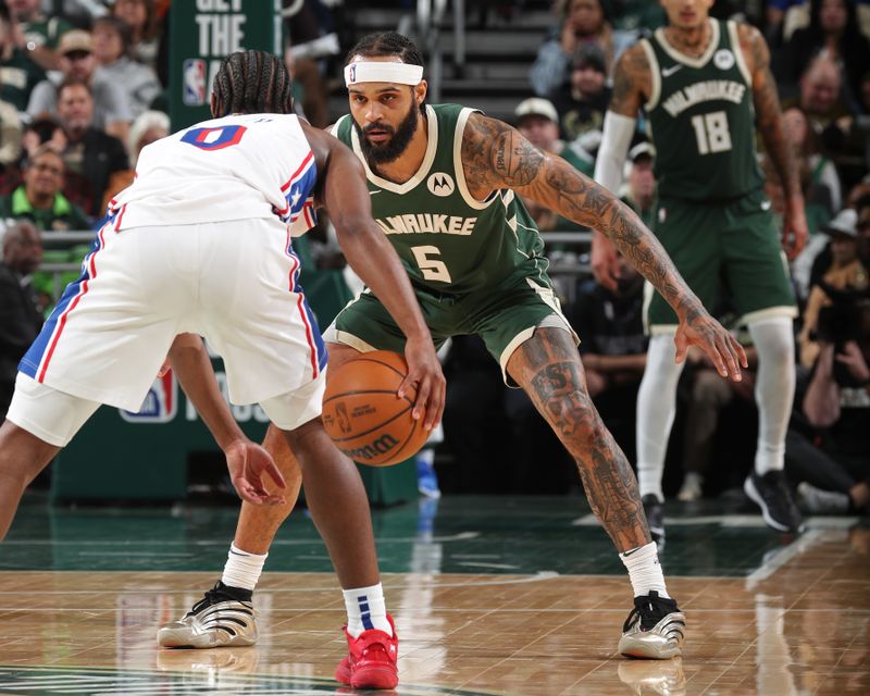 MILWAUKEE, WI - FEBRUARY 9: Gary Trent Jr. #5 of the Milwaukee Bucks plays defense during the game against the Philadelphia 76ers on February 9, 2025 at Fiserv Forum Center in Milwaukee, Wisconsin. NOTE TO USER: User expressly acknowledges and agrees that, by downloading and or using this Photograph, user is consenting to the terms and conditions of the Getty Images License Agreement. Mandatory Copyright Notice: Copyright 2025 NBAE(Photo by Gary Dineen/NBAE via Getty Images).