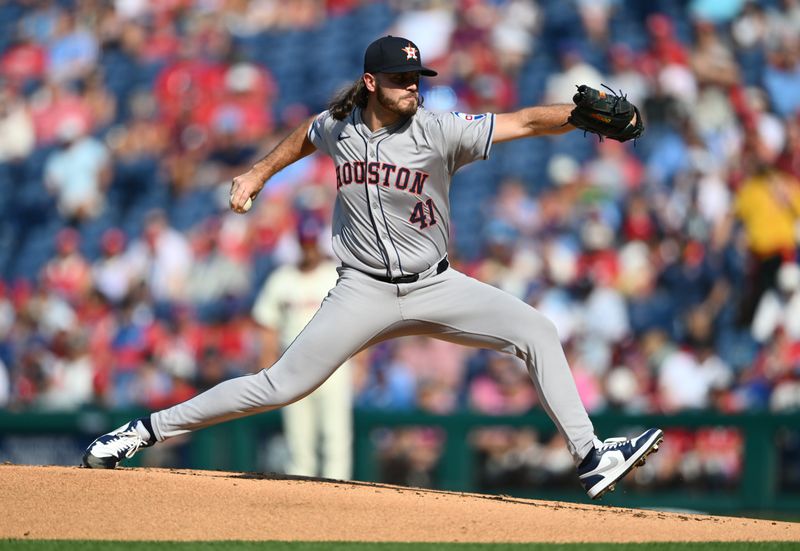 Aug 28, 2024; Philadelphia, Pennsylvania, USA; Houston Astros starting pitcher Spencer Arrighetti (41) throws a pitch against the Philadelphia Phillies in the first inning at Citizens Bank Park. Mandatory Credit: Kyle Ross-USA TODAY Sports