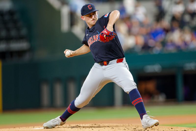 May 13, 2024; Arlington, Texas, USA; Cleveland Guardians pitcher Tanner Bibee (28) throws during the first inning against the Texas Rangers at Globe Life Field. Mandatory Credit: Andrew Dieb-USA TODAY Sports