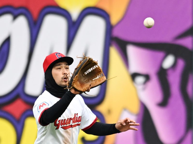 Apr 10, 2025; Cleveland, Ohio, USA; Cleveland Guardians left fielder Steven Kwan (38) catches a ball hit by Chicago White Sox center fielder Michael A. Taylor (not pictured) during the second inning at Progressive Field. Mandatory Credit: Ken Blaze-Imagn Images