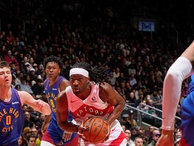 TORONTO, CANADA - DECEMBER 20:  Precious Achiuwa #5 of the Toronto Raptors goes to the basket during the game on December 20, 2023 at the Scotiabank Arena in Toronto, Ontario, Canada.  NOTE TO USER: User expressly acknowledges and agrees that, by downloading and or using this Photograph, user is consenting to the terms and conditions of the Getty Images License Agreement.  Mandatory Copyright Notice: Copyright 2023 NBAE (Photo by Mark Blinch/NBAE via Getty Images)