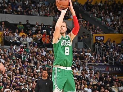 LOS ANGELES, CA - DECEMBER 25: Kristaps Porzingis #8 of the Boston Celtics shoots the ball during the game against the Los Angeles Lakers on December 25, 2023 at Crypto.Com Arena in Los Angeles, California. NOTE TO USER: User expressly acknowledges and agrees that, by downloading and/or using this Photograph, user is consenting to the terms and conditions of the Getty Images License Agreement. Mandatory Copyright Notice: Copyright 2023 NBAE (Photo by Andrew D. Bernstein/NBAE via Getty Images)