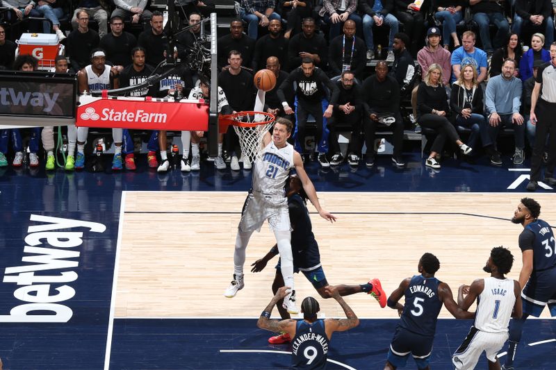 MINNEAPOLIS, MN -  FEBRUARY 2: Moritz Wagner #21 of the Orlando Magic dunks the ball during the game against the Minnesota Timberwolves on February 2, 2024 at Target Center in Minneapolis, Minnesota. NOTE TO USER: User expressly acknowledges and agrees that, by downloading and or using this Photograph, user is consenting to the terms and conditions of the Getty Images License Agreement. Mandatory Copyright Notice: Copyright 2024 NBAE (Photo by David Sherman/NBAE via Getty Images)