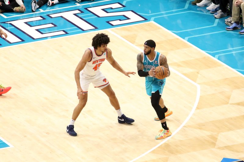 CHARLOTTE, NC - JANUARY 29:  Miles Bridges #0 of the Charlotte Hornets handles the ball during the game  against the New York Knicks on January 29, 2024 at Spectrum Center in Charlotte, North Carolina. NOTE TO USER: User expressly acknowledges and agrees that, by downloading and or using this photograph, User is consenting to the terms and conditions of the Getty Images License Agreement.  Mandatory Copyright Notice:  Copyright 2024 NBAE (Photo by Brock Williams-Smith/NBAE via Getty Images)