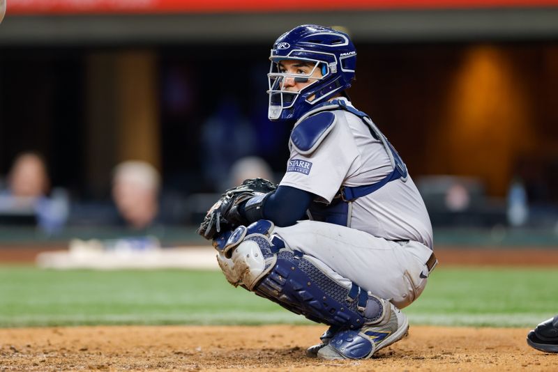Sep 4, 2024; Arlington, Texas, USA; New York Yankees catcher Jose Trevino (39) is behind the plate during the sixth inning against the Texas Rangers at Globe Life Field. Mandatory Credit: Andrew Dieb-Imagn Images