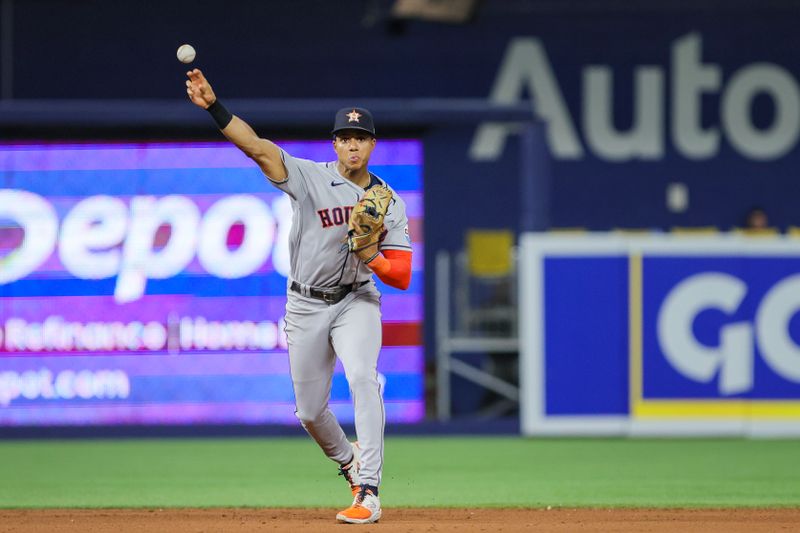 Aug 15, 2023; Miami, Florida, USA; Houston Astros shortstop Jeremy Pena (3) throws to first and retires Miami Marlins designated hitter Jorge Soler (not pictured) during the seventh inning at loanDepot Park. Mandatory Credit: Sam Navarro-USA TODAY Sports