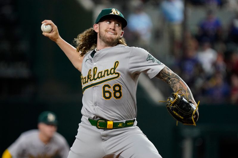 Aug 31, 2024; Arlington, Texas, USA; Oakland Athletics starting pitcher Joey Estes (68) throws to the plate during the first inning against the Texas Rangers at Globe Life Field. Mandatory Credit: Raymond Carlin III-USA TODAY Sports