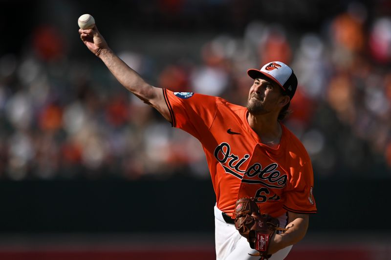 Jul 27, 2024; Baltimore, Maryland, USA; Baltimore Orioles pitcher Dean Kremer (64) throws a third inning pitch against the San Diego Padres  at Oriole Park at Camden Yards. Mandatory Credit: Tommy Gilligan-USA TODAY Sports