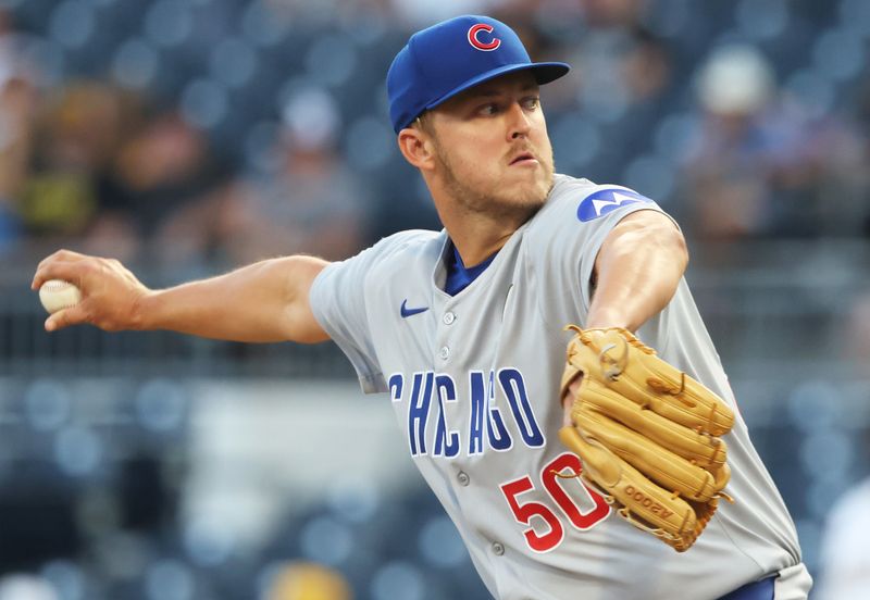 Sep 15, 2025; Pittsburgh, Pennsylvania, USA;  Chicago Cubs starting pitcher Jameson Taillon (50) delivers a pitch against the Pittsburgh Pirates during the first inning at PNC Park. Mandatory Credit: Charles LeClaire-Imagn Images