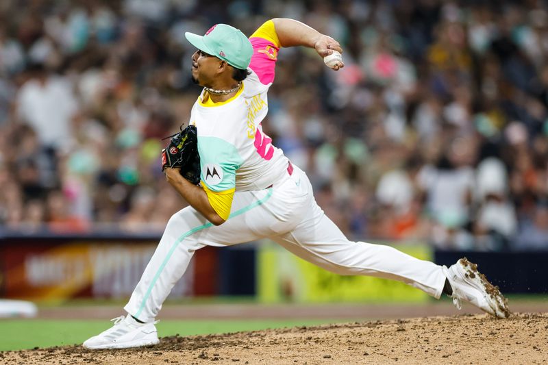 Sep 6, 2024; San Diego, California, USA; San Diego Padres relief pitcher Jeremiah Estrada (56) throws a pitch during the ninth inning against the San Francisco Giants at Petco Park. Mandatory Credit: David Frerker-Imagn Images