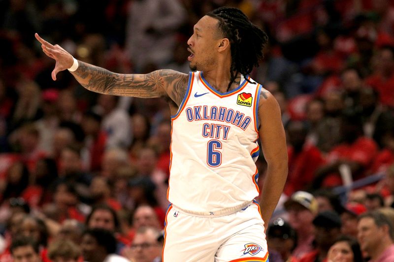 NEW ORLEANS, LOUISIANA - APRIL 27: Jaylin Williams #6 of the Oklahoma City Thunder reacts after scoring a three point basket during the first quarter of Round 1 Game 2 of the 2024 NBA Playoffs against the New Orleans Pelicans at Smoothie King Center on April 27, 2024 in New Orleans, Louisiana. NOTE TO USER: User expressly acknowledges and agrees that, by downloading and or using this photograph, User is consenting to the terms and conditions of the Getty Images License Agreement. (Photo by Sean Gardner/Getty Images)