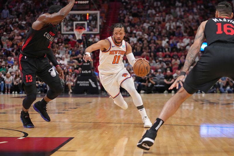 MIAMI, FL - APRIL 2: Jalen Brunson #11 of the New York Knicks drives to the basket during the game against the Miami Heat on April 2, 2024 at Kaseya Center in Miami, Florida. NOTE TO USER: User expressly acknowledges and agrees that, by downloading and or using this Photograph, user is consenting to the terms and conditions of the Getty Images License Agreement. Mandatory Copyright Notice: Copyright 2024 NBAE (Photo by Eric Espada/NBAE via Getty Images)