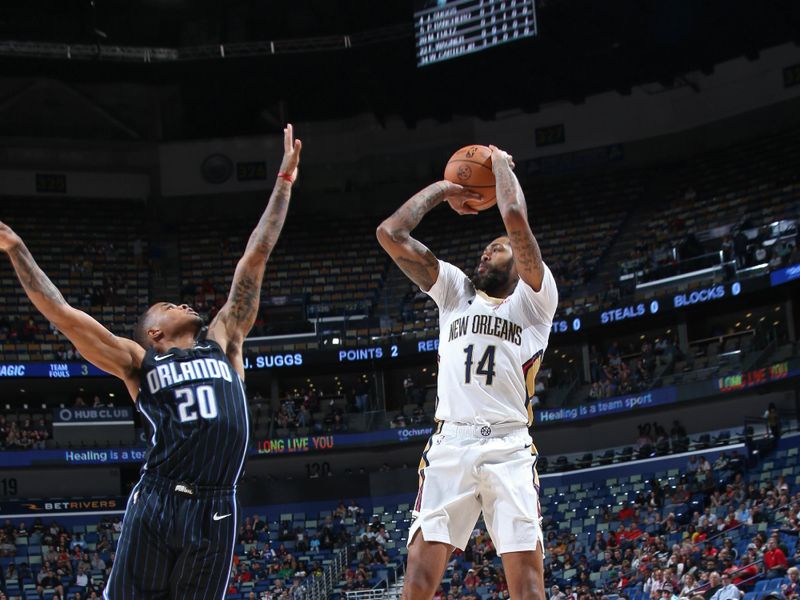 NEW ORLEANS, LA - OCTOBER 10: Brandon Ingram #14 of the New Orleans Pelicans shoots the ball during the game against the Orlando Magic  on October 10, 2023 at the Smoothie King Center in New Orleans, Louisiana. NOTE TO USER: User expressly acknowledges and agrees that, by downloading and or using this Photograph, user is consenting to the terms and conditions of the Getty Images License Agreement. Mandatory Copyright Notice: Copyright 2023 NBAE (Photo by Layne Murdoch Jr./NBAE via Getty Images)