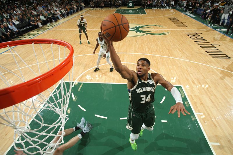 MILWAUKEE, WI - NOVEMBER 10: Giannis Antetokounmpo #34 of the Milwaukee Bucks drives to the basket during the game against the Boston Celtics on November 10, 2024 at the Fiserv Forum Center in Milwaukee, Wisconsin. NOTE TO USER: User expressly acknowledges and agrees that, by downloading and or using this Photograph, user is consenting to the terms and conditions of the Getty Images License Agreement. Mandatory Copyright Notice: Copyright 2024 NBAE (Photo by Gary Dineen/NBAE via Getty Images).