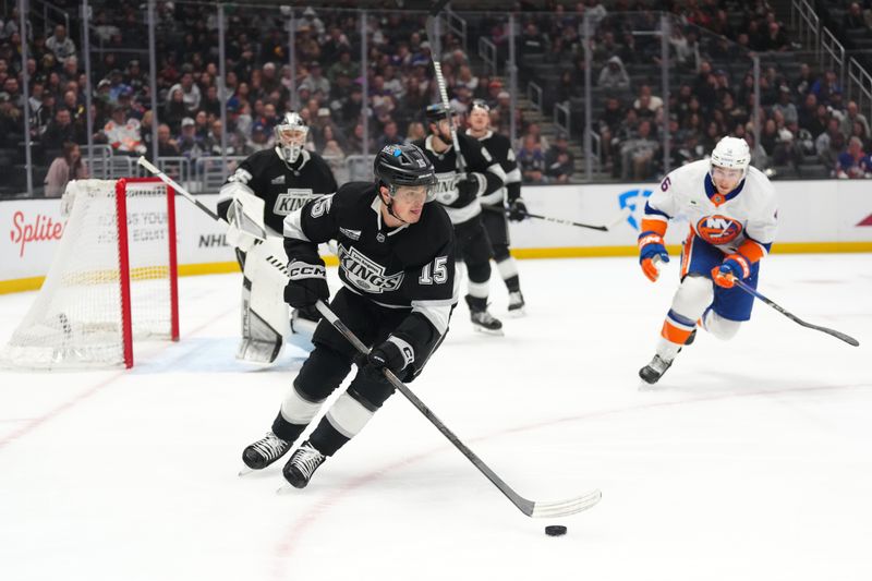 Mar 5, 2026; Los Angeles, California, USA; LA Kings center Alex Turcotte (15) skates against the New York Islanders in the first period at Crypto.com Arena. Mandatory Credit: Kirby Lee-Imagn Images