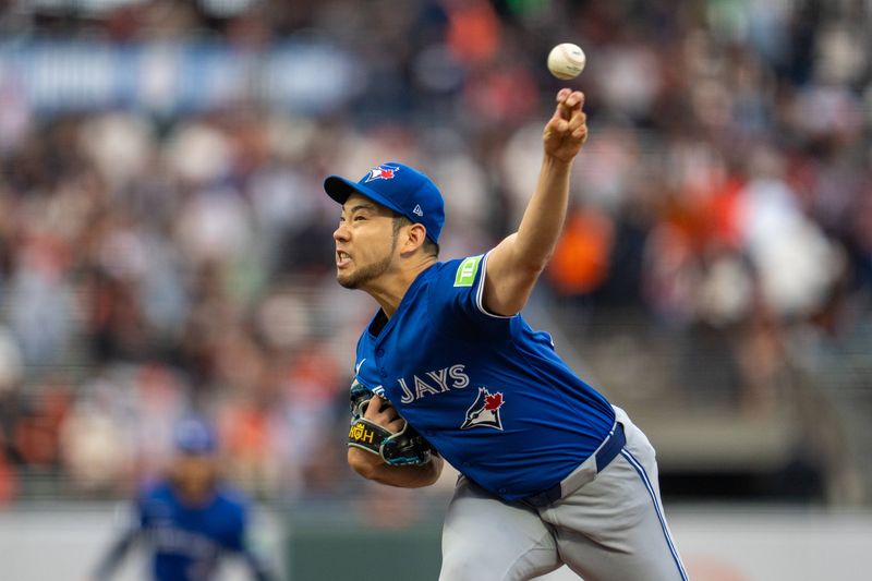 Jul 9, 2024; San Francisco, California, USA;  Toronto Blue Jays starting pitcher Yusei Kikuchi (16) delivers a pitch against the San Francisco Giants during the first inning at Oracle Park. Mandatory Credit: Neville E. Guard-USA TODAY Sports