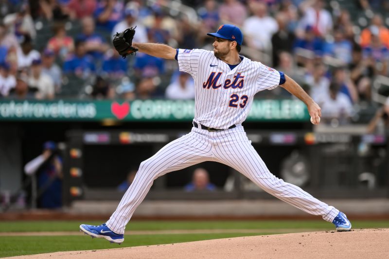 Aug 9, 2023; New York City, New York, USA; New York Mets starting pitcher David Peterson (23) pitches against the Chicago Cubs during the first inning at Citi Field. Mandatory Credit: John Jones-USA TODAY Sports