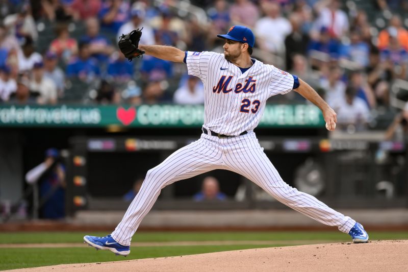 Aug 9, 2023; New York City, New York, USA; New York Mets starting pitcher David Peterson (23) pitches against the Chicago Cubs during the first inning at Citi Field. Mandatory Credit: John Jones-USA TODAY Sports