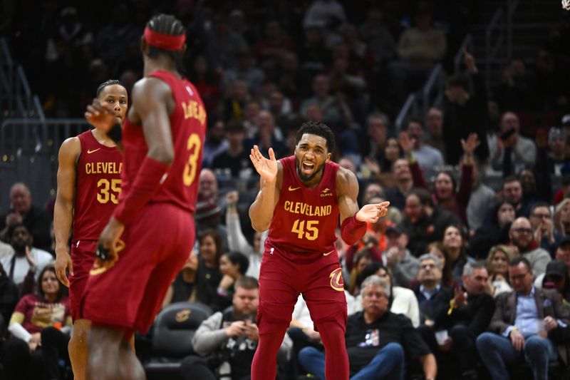 CLEVELAND, OHIO - JANUARY 31: Donovan Mitchell #45 of the Cleveland Cavaliers reacts during the fourth quarter against the Detroit Pistons at Rocket Mortgage Fieldhouse on January 31, 2024 in Cleveland, Ohio. The Cavaliers defeated the Pistons 128-121. (Photo by Jason Miller/Getty Images) NOTE TO USER: User expressly acknowledges and agrees that, by downloading and or using this photograph, User is consenting to the terms and conditions of the Getty Images License Agreement. (Photo by Jason Miller/Getty Images)