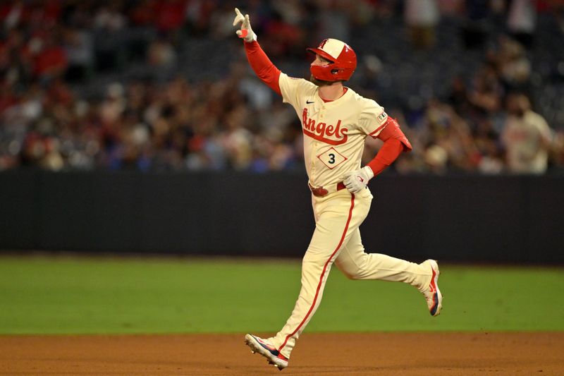 Sep 24, 2025; Anaheim, California, USA;  Los Angeles Angels left fielder Taylor Ward (3) rounds the bases after hitting a solo home run in the third inning against the Kansas City Royals at Angel Stadium. Mandatory Credit: Jayne Kamin-Oncea-Imagn Images