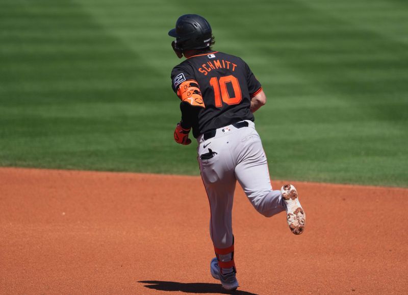 Mar 11, 2024; Surprise, Arizona, USA; San Francisco Giants shortstop Casey Schmitt (10) runs the bases after hitting a home run against the Kansas City Royals during the second inning at Surprise Stadium. Mandatory Credit: Joe Camporeale-USA TODAY Sports