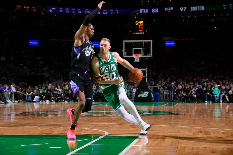 BOSTON, MA - MARCH 10: Sam Hauser #30 of the Boston Celtics drives to the basket during the game against the Utah Jazz on March 10, 2025 at TD Garden in Boston, Massachusetts. NOTE TO USER: User expressly acknowledges and agrees that, by downloading and/or using this Photograph, user is consenting to the terms and conditions of the Getty Images License Agreement. Mandatory Copyright Notice: Copyright 2025 NBAE (Photo by Brian Babineau/NBAE via Getty Images)