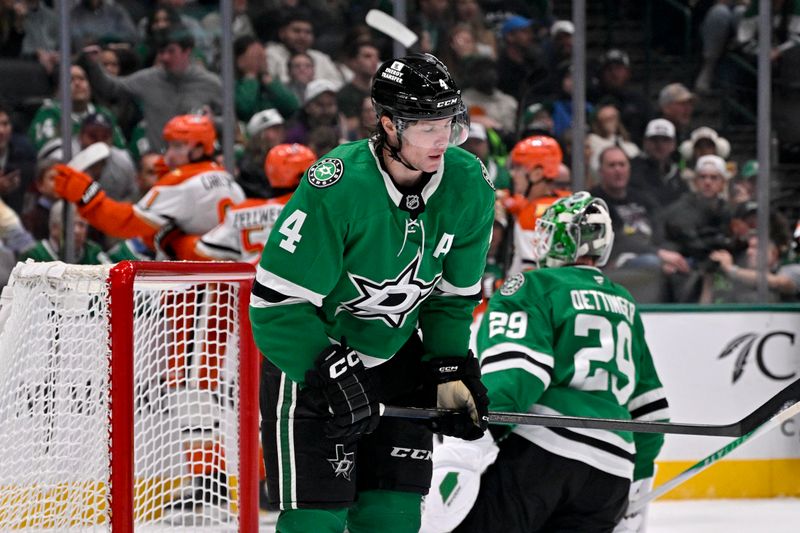 Nov 6, 2025; Dallas, Texas, USA; Dallas Stars defenseman Miro Heiskanen (4) reacts to a short handed goal scored byAnaheim Ducks center Leo Carlsson (91) during the third period at the American Airlines Center. Mandatory Credit: Jerome Miron-Imagn Images