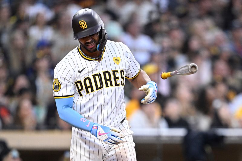 Sep 21, 2024; San Diego, California, USA; San Diego Padres shortstop Xander Bogaerts (2) reacts after flying out to end the third inning against the Chicago White Sox at Petco Park. Mandatory Credit: Orlando Ramirez-Imagn Images