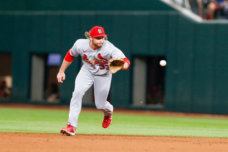 Jun 7, 2023; Arlington, Texas, USA; St. Louis Cardinals second baseman Brendan Donovan (33) fields a ground ball during the third inning against the Texas Rangers at Globe Life Field. Mandatory Credit: Andrew Dieb-USA TODAY Sports