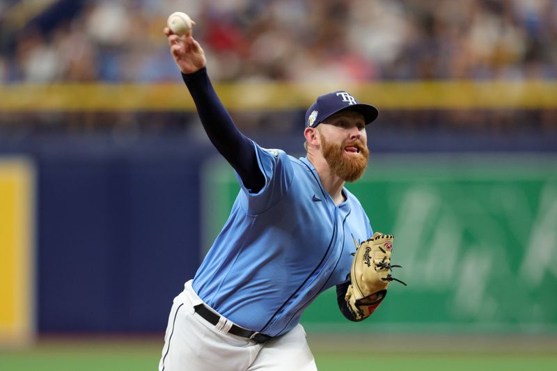 Aug 27, 2023; St. Petersburg, Florida, USA;  Tampa Bay Rays pitcher Zack Littell (52) throws a pitch against the New York Yankees in the fourth inning at Tropicana Field. Mandatory Credit: Nathan Ray Seebeck-USA TODAY Sports