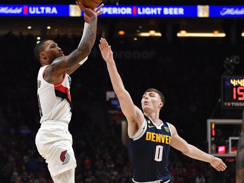 PORTLAND, OREGON - OCTOBER 24: Damian Lillard #0 of the Portland Trail Blazers shoots over Christian Braun #0 of the Denver Nuggets during the first quarter at Moda Center on October 24, 2022 in Portland, Oregon. NOTE TO USER: User expressly acknowledges and agrees that, by downloading and or using this photograph, User is consenting to the terms and conditions of the Getty Images License Agreement. (Photo by Alika Jenner/Getty Images)