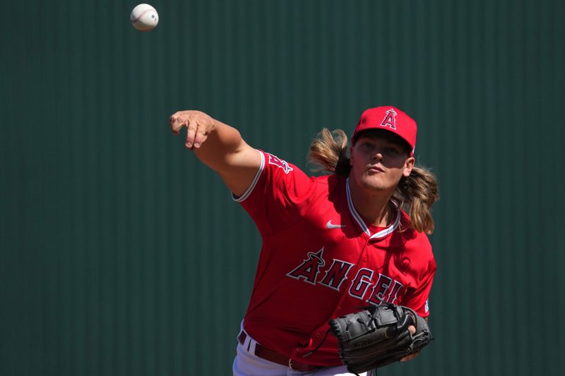 Mar 3, 2024; Tempe, Arizona, USA; Los Angeles Angels pitcher Caden Dana (91) pitches against the Chicago White Sox during the first inning at Tempe Diablo Stadium. Mandatory Credit: Joe Camporeale-USA TODAY Sports