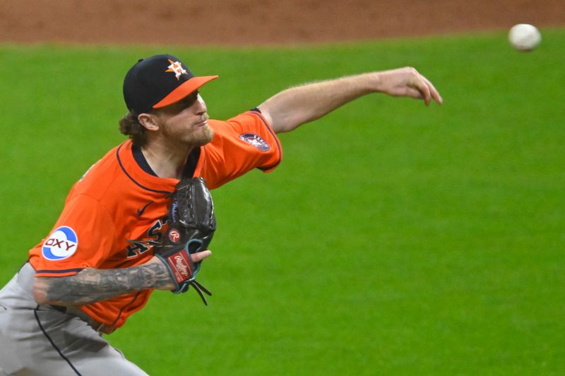 Jun 6, 2025; Cleveland, Ohio, USA; Houston Astros relief pitcher Josh Hader (71) delivers a pitch in the ninth inning against the Cleveland Guardians at Progressive Field. Mandatory Credit: David Richard-Imagn Images