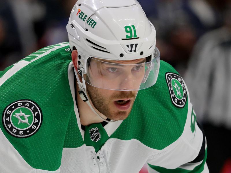 Feb 6, 2024; Buffalo, New York, USA;  Dallas Stars center Tyler Seguin (91) waits for the face-off during the third period against the Buffalo Sabres at KeyBank Center. Mandatory Credit: Timothy T. Ludwig-USA TODAY Sports