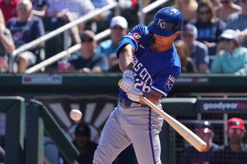 Mar 2, 2024; Goodyear, Arizona, USA; Kansas City Royals left fielder Adam Frazier (26) bats against the Cleveland Guardians during the first inning at Goodyear Ballpark. Mandatory Credit: Joe Camporeale-USA TODAY Sports