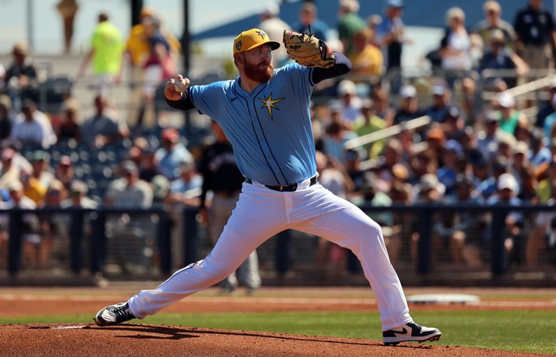 Feb 27, 2024; Port Charlotte, Florida, USA; Tampa Bay Rays starting pitcher Zack Littell (52) throws a pitch during the first inning against the New York Yankees at Charlotte Sports Park. Mandatory Credit: Kim Klement Neitzel-USA TODAY Sports