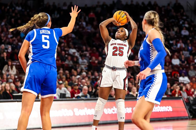 Feb 2, 2023; Columbia, South Carolina, USA; South Carolina Gamecocks guard Raven Johnson (25) shoots over Kentucky Wildcats guard Blair Green (5) in the first half at Colonial Life Arena. Mandatory Credit: Jeff Blake-USA TODAY Sports